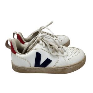 Veja Kids Size 13.5 V-10 Leather Lace Up Sneakers White Blue Red‎